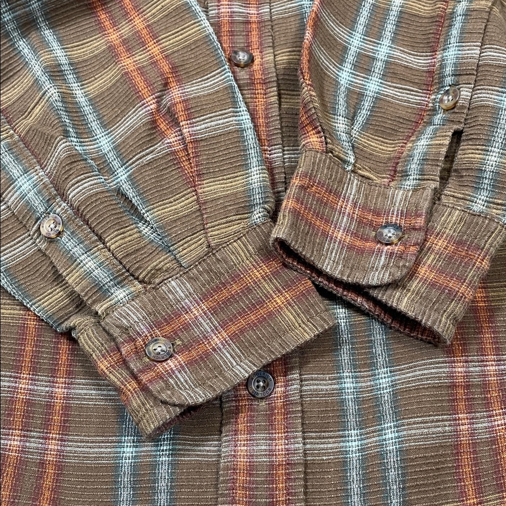Mens Woolrich Cotton Outdoors Striped Button Up Brown Blue Orange Size X-Large - Picture 14 of 15